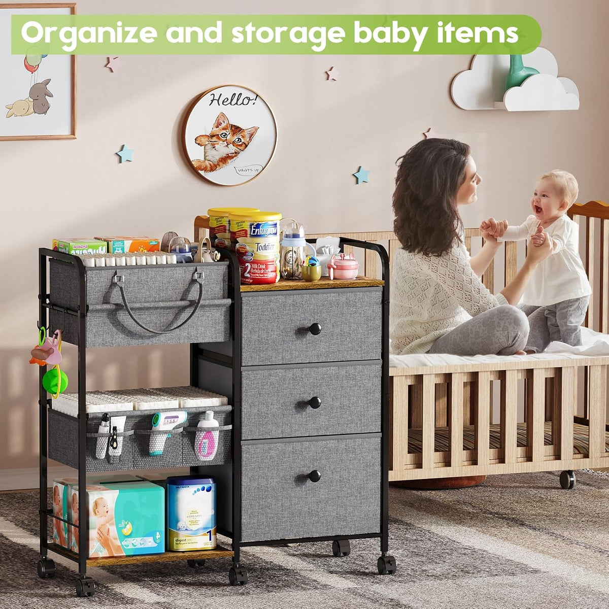 2In1 Baby Diaper Caddy Organizer and Storage, 3 Tier Rolling Cart with Dividers and Drawers, Mobile