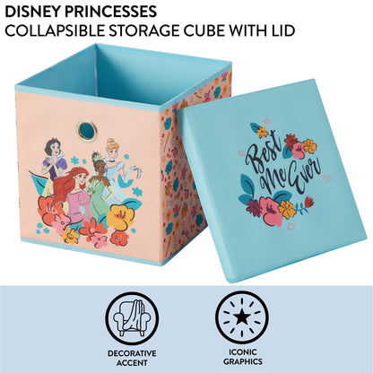 Idea Nuova Disney Princess Collapsible Fabric Storage Cube,10” Organizer Bin with Lid for Bedroom
