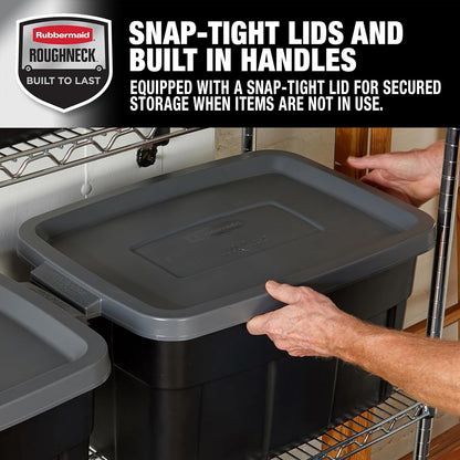 Rubbermaid Roughneck Tote 14 Gal, 6 Pack, Made in USA, Black & Gray, Rugged Plastic Stackable