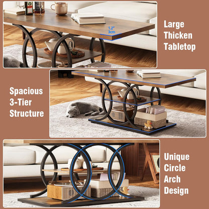 GiftGo Rustic Coffee Table with Storage Industrial 3 Tier Center Living Room Table Farmhouse Wooden