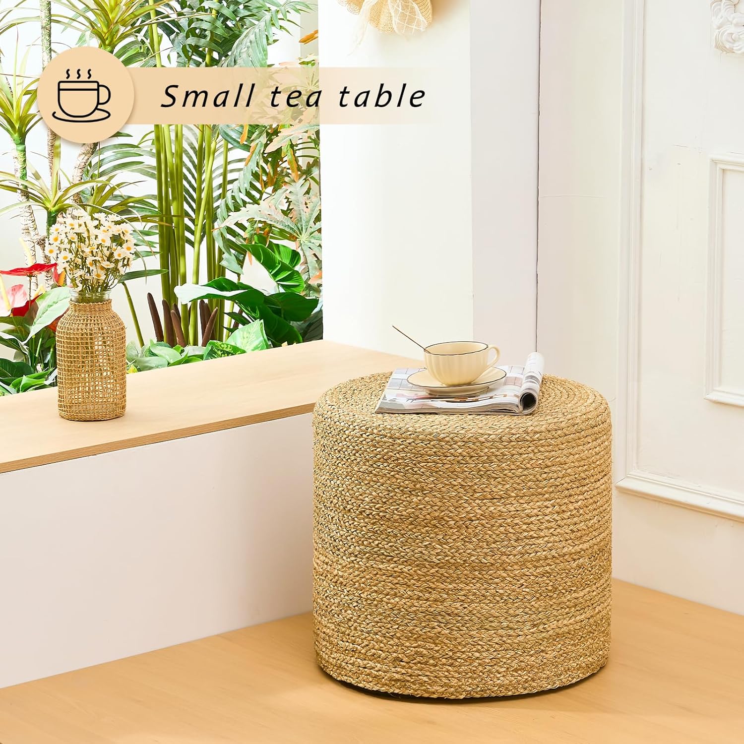 Handwoven Ottoman Pouf, Natural Seagrass Footstool, Round Braided Outdoor Seat with Sturdy Frame