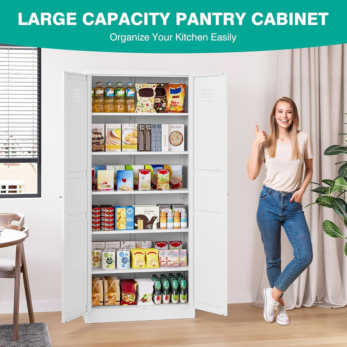 SISESOL White Metal Storage Cabinet,71" Tall Pantry Cabinet,Kitchen Pantry Storage Cabinets with 2