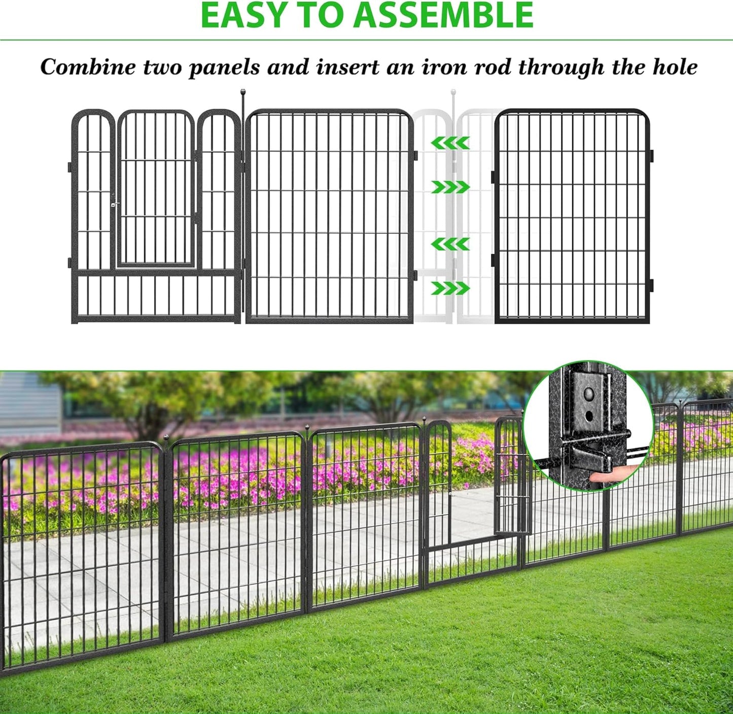Decorative Black Metal Fencing Garden Fence with Gate, 46ft(L) 32in(H) 20 Fence Panels No Dig Fence