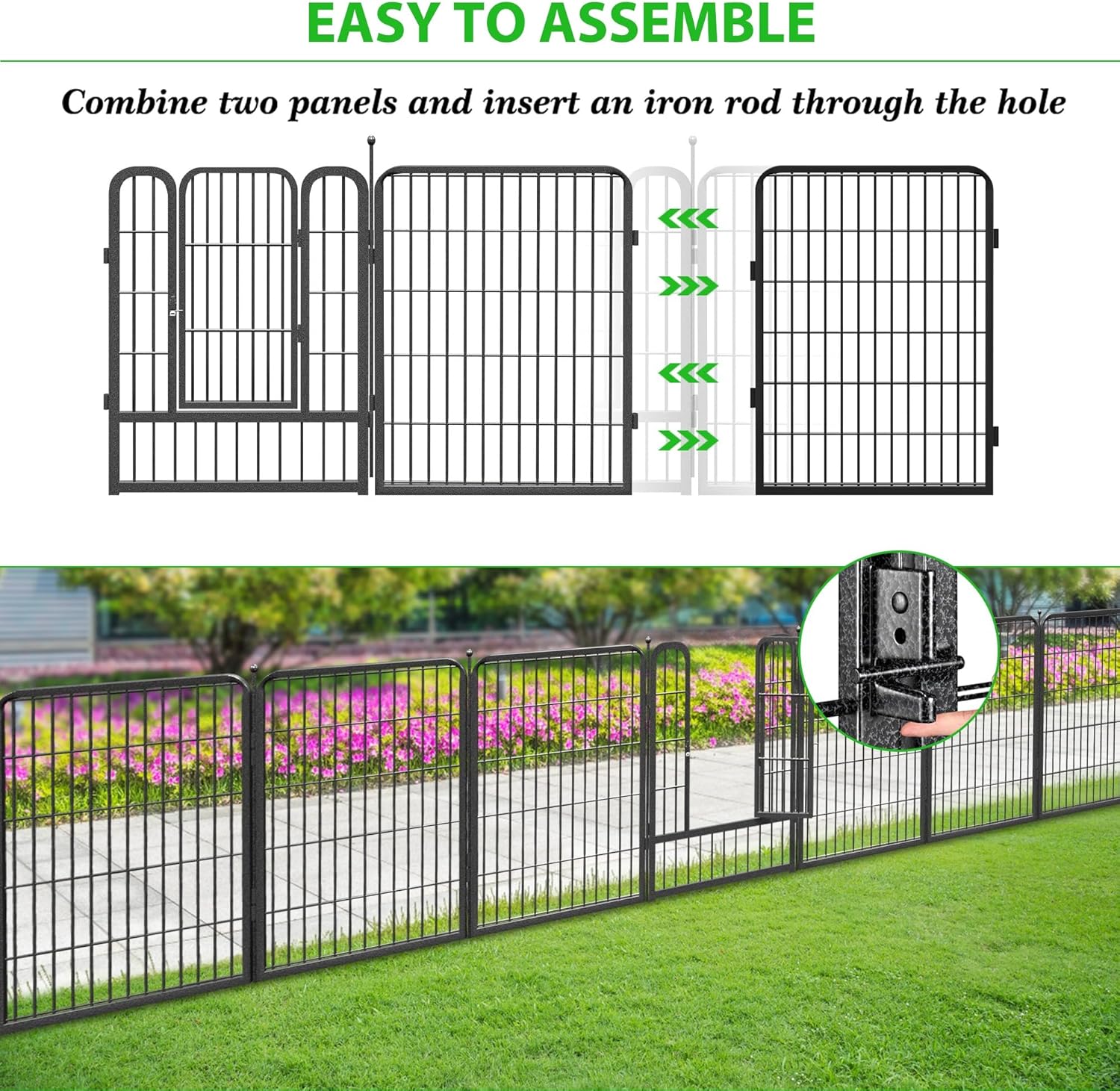 Decorative Black Metal Fencing Garden Fence with Gate, 46ft(L) 32in(H) 20 Fence Panels No Dig Fence