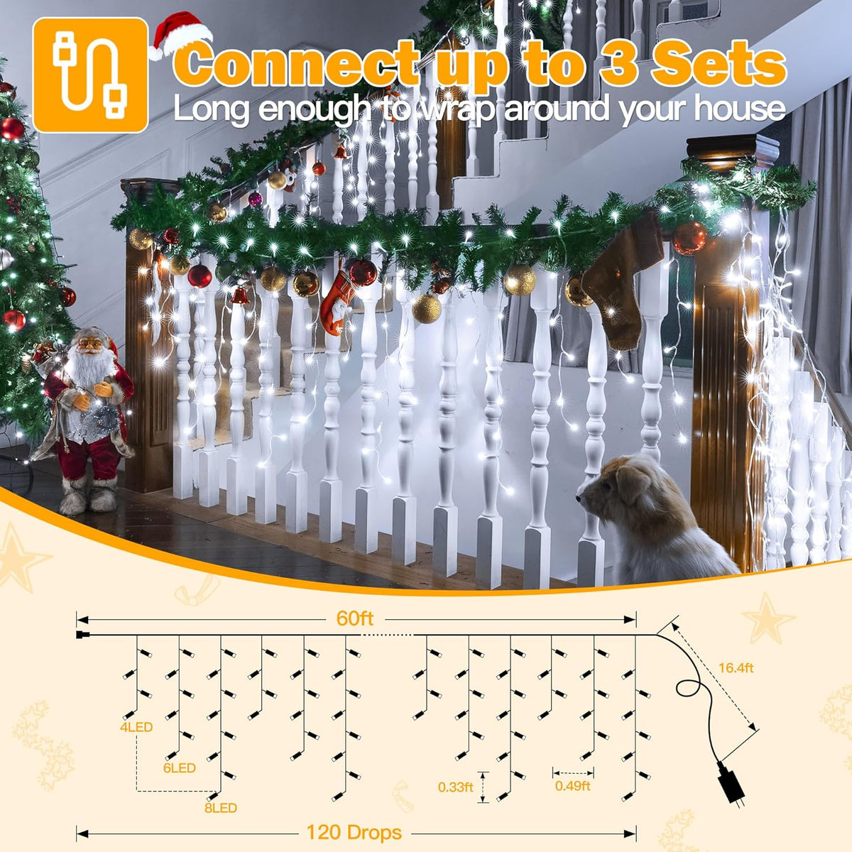 Ollny Icicle Lights for Outside 720LED 60FT, Cool White Christmas Lights with Remote 8 Modes