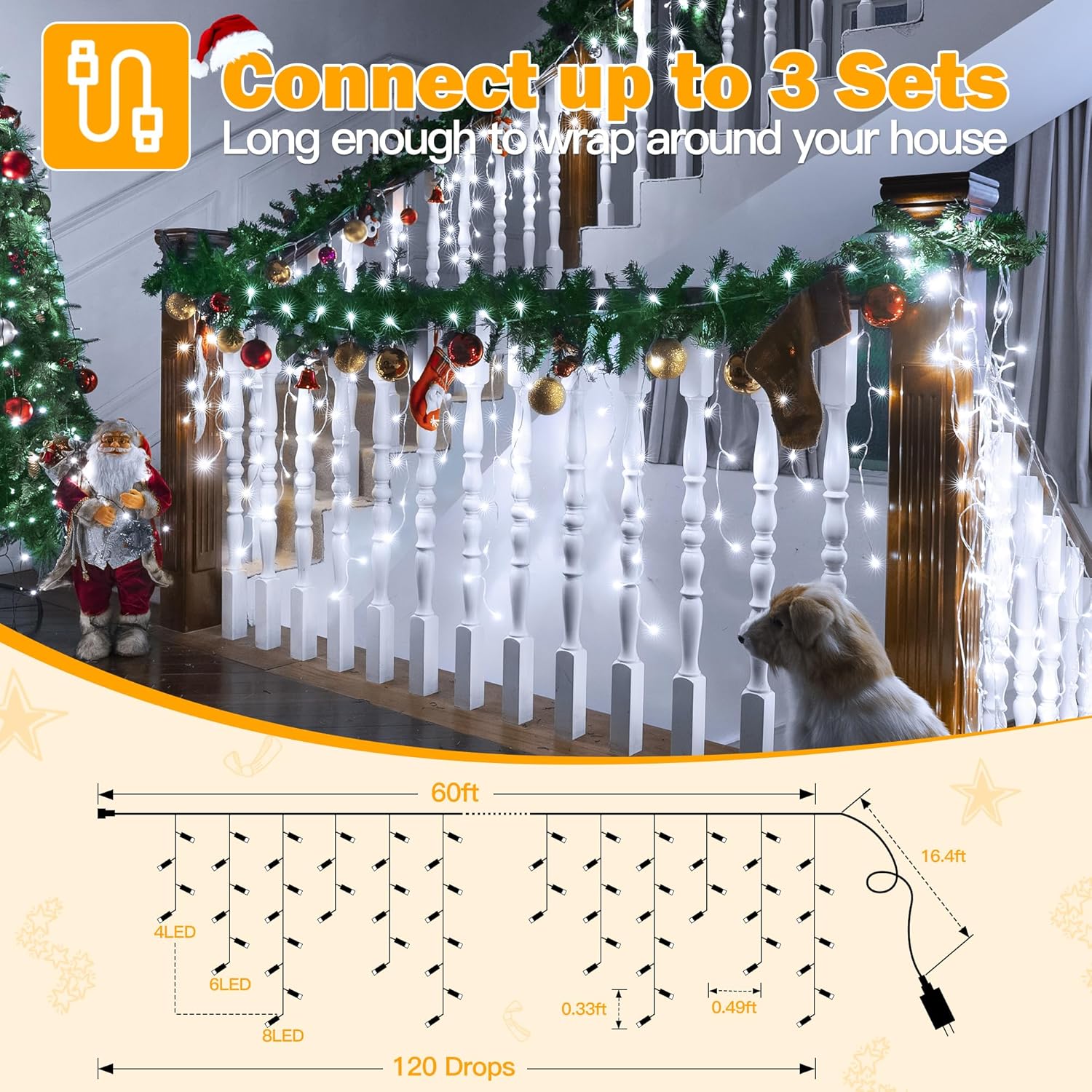 Ollny Icicle Lights for Outside 720LED 60FT, Cool White Christmas Lights with Remote 8 Modes