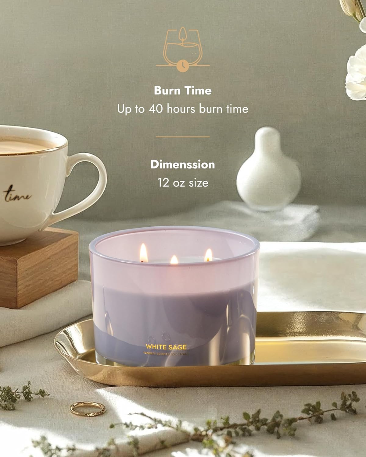 96NORTH Luxury White Sage Candle | Large 3 Wick Jar Candle | Up to 50 Hours Burning Time | 100%