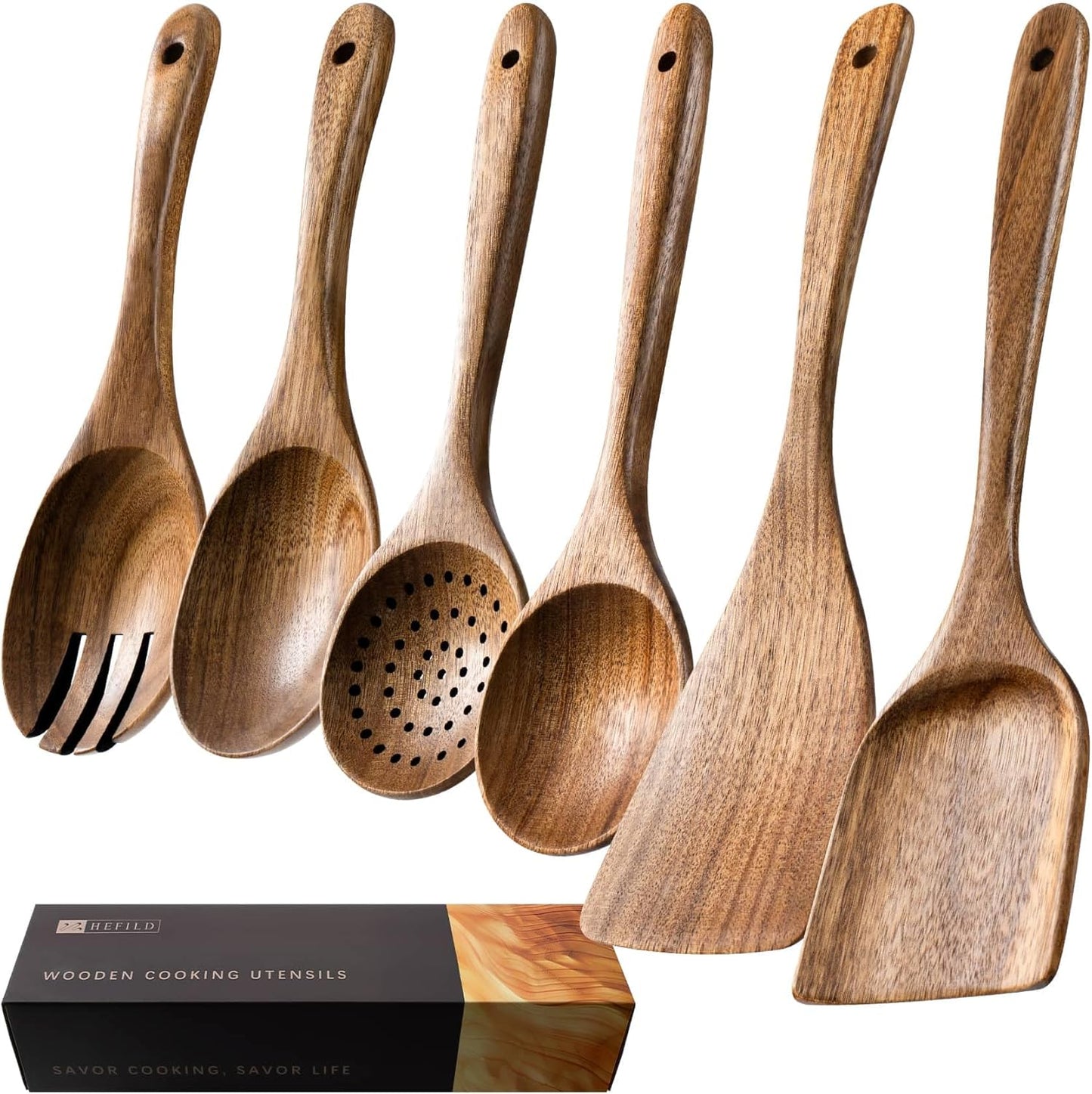 Wooden Spoons for Cooking, Nonstick Cooking Utensil Set with 6 Piece Acacia Wooden Spatulas and