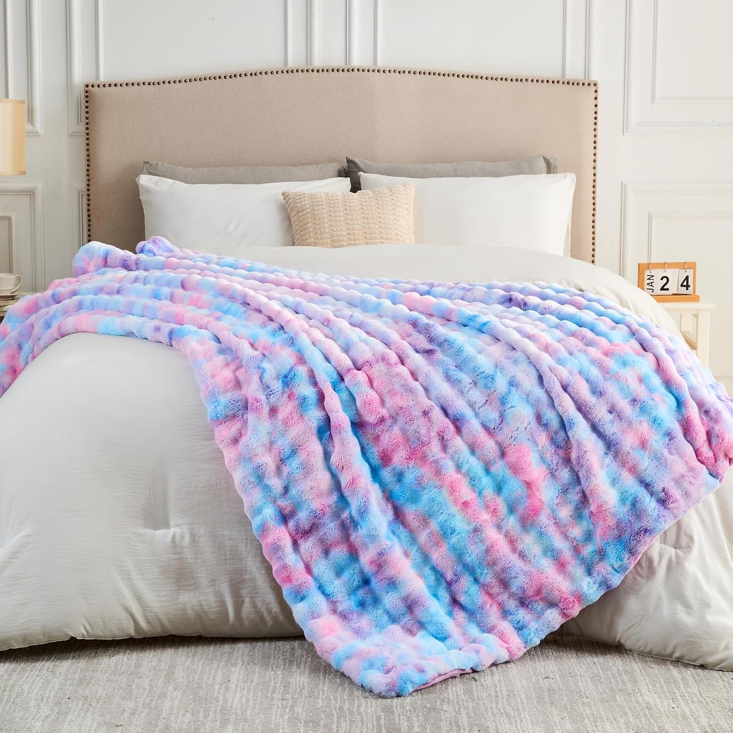 NEWCOSPLAY Faux Fur Twin Blanket Purple Rainbow Luxury Fluffy Thick Warm Bubble Blanket for Couch