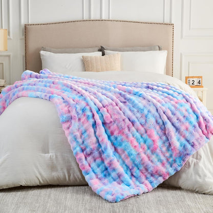 NEWCOSPLAY Faux Fur Twin Blanket Purple Rainbow Luxury Fluffy Thick Warm Bubble Blanket for Couch