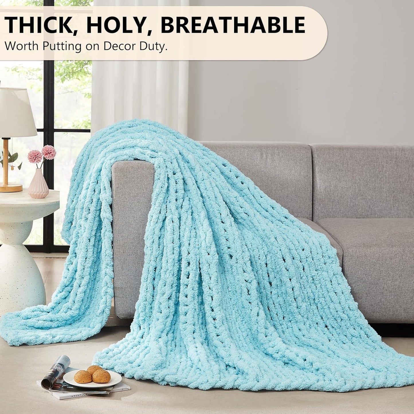 L'AGRATY Chunky Knit Blanket Throw: 72''x84'' Chenille Thick Big Cable Knit Blanket - Handmade