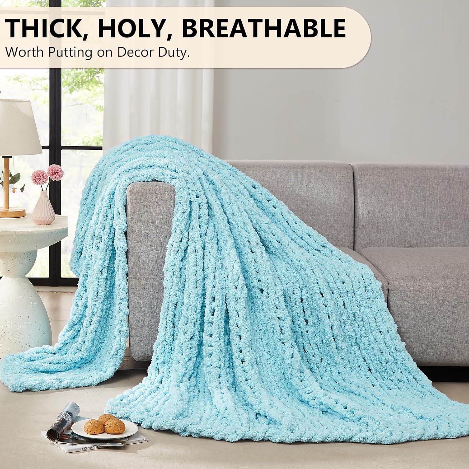L'AGRATY Chunky Knit Blanket Throw: 72''x84'' Chenille Thick Big Cable Knit Blanket - Handmade