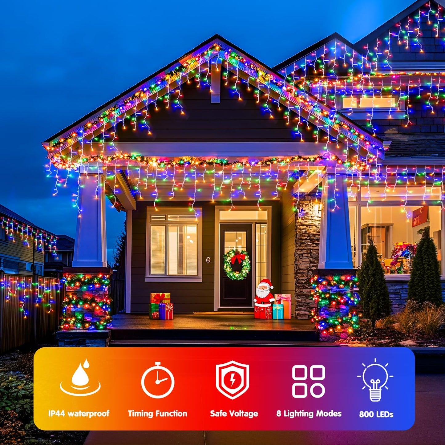 JMEXSUSS 800 LED Christmas Icicle Lights Outdoor Plug-in, Multicolor Waterproof, 8 Modes With 160