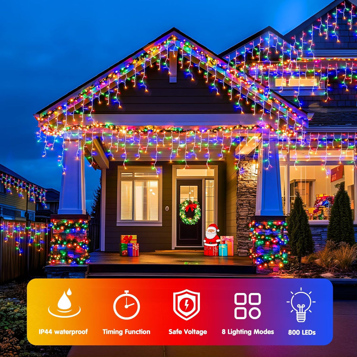 JMEXSUSS 800 LED Christmas Icicle Lights Outdoor Plug-in, Multicolor Waterproof, 8 Modes With 160