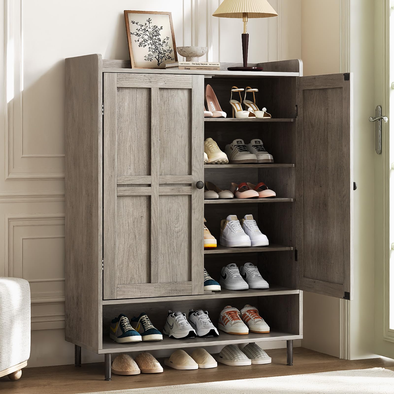 ComfyCorner Shoe Cabinet with Cross Molding Doors, 6-Tier Storage, Grey