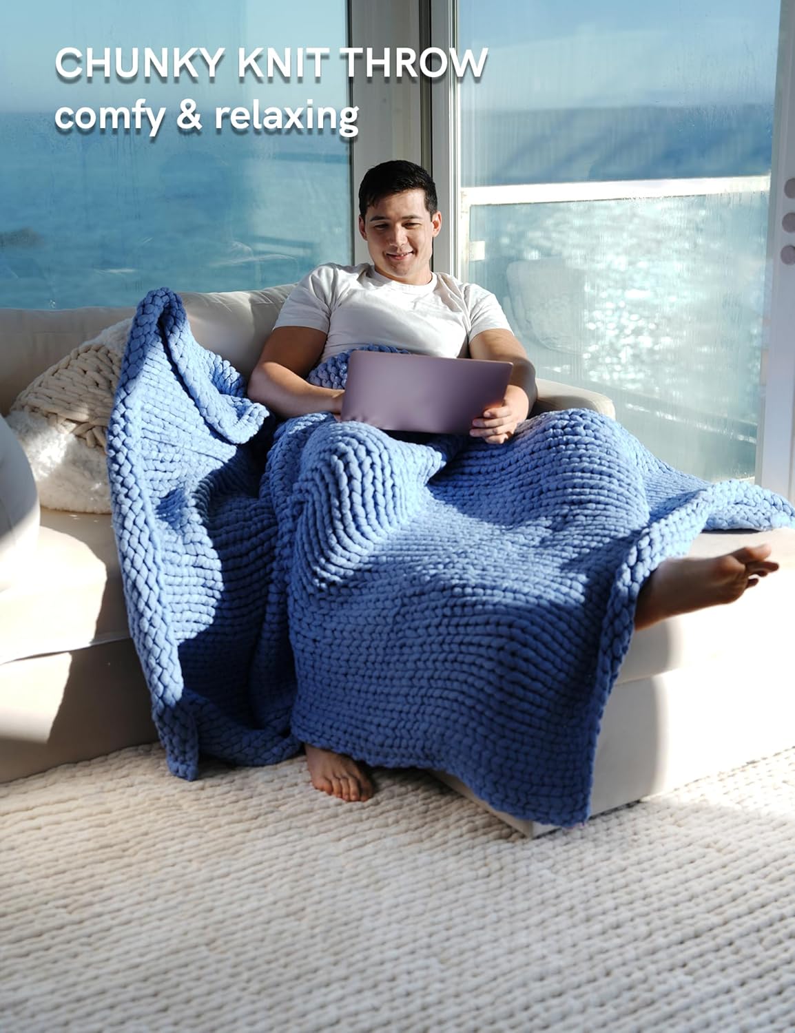 YnM Chunky Throw Blanket, Medium-Weight, Hand Knitted, Skin Friendly, Ventilated and Breathable