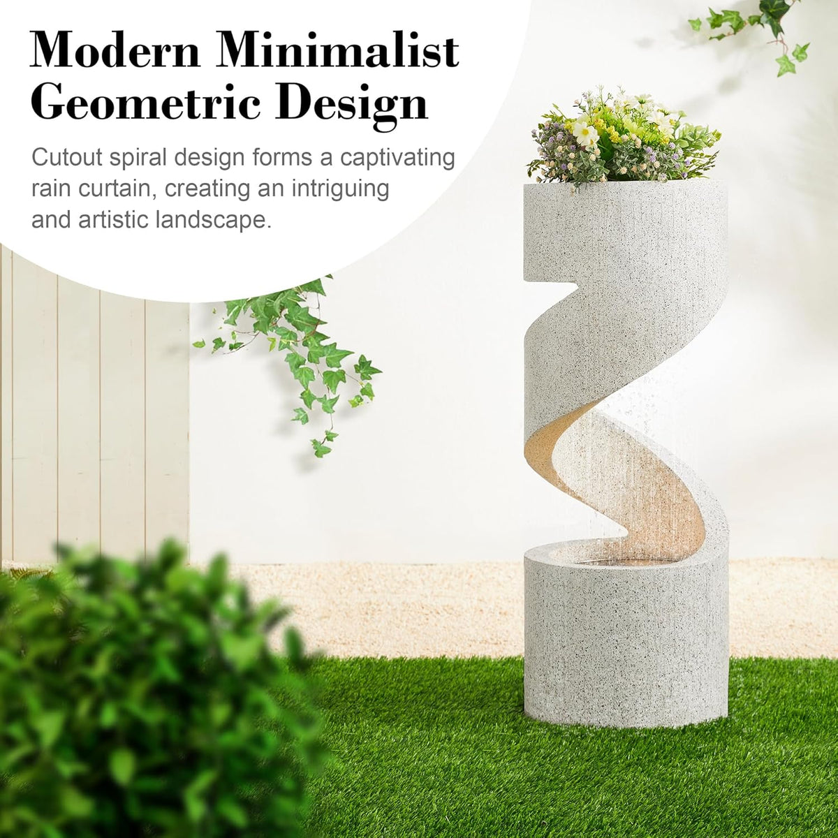 Glitzhome Decorative Tiered Outdoor Water Fountain with LED Light, Curved Waterfall Fountain with