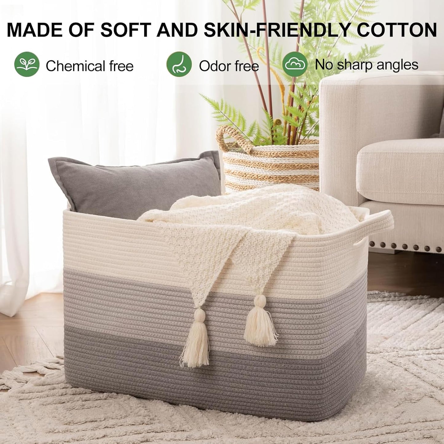 OIAHOMY Rectangle Woven Storage Basket - Nursery Cotton Rope Baskets for Storage, Toy Basket