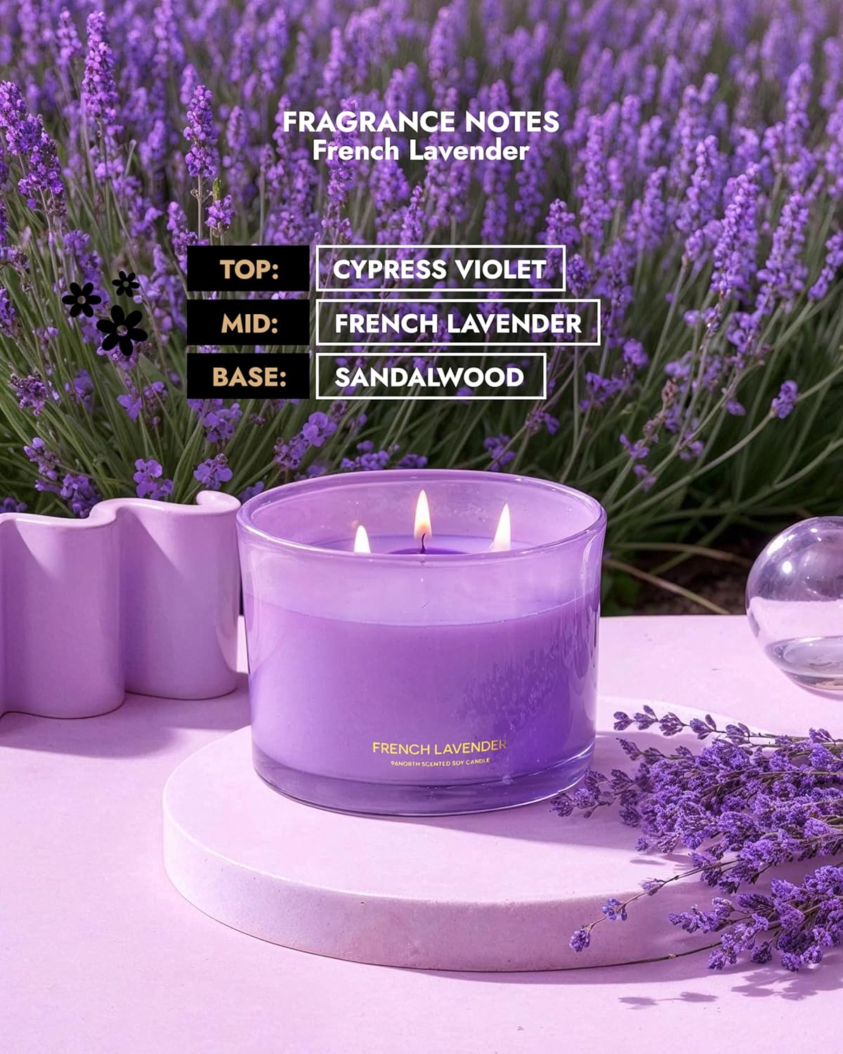 96NORTH Luxury Lavender Soy Candle | Large 3 Wick Jar Candle | Up to 50 Hours Burning Time | 100%