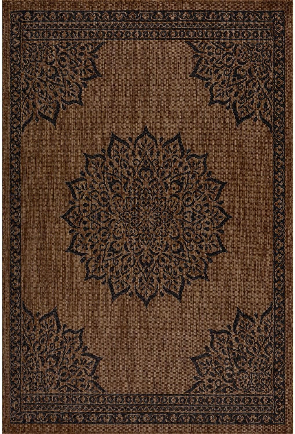 CAMILSON Outdoor Rug, 10x14 Medallion Nut Brown Black Modern Area Rugs for Large Indoor and Outdoor