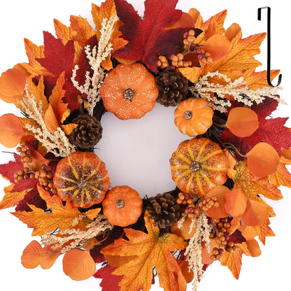 20 Inch Thanksgiving Fall Wreath, Berries Pumpkins Maple Leaves Pine Cones Autumn Wreaths with Hook