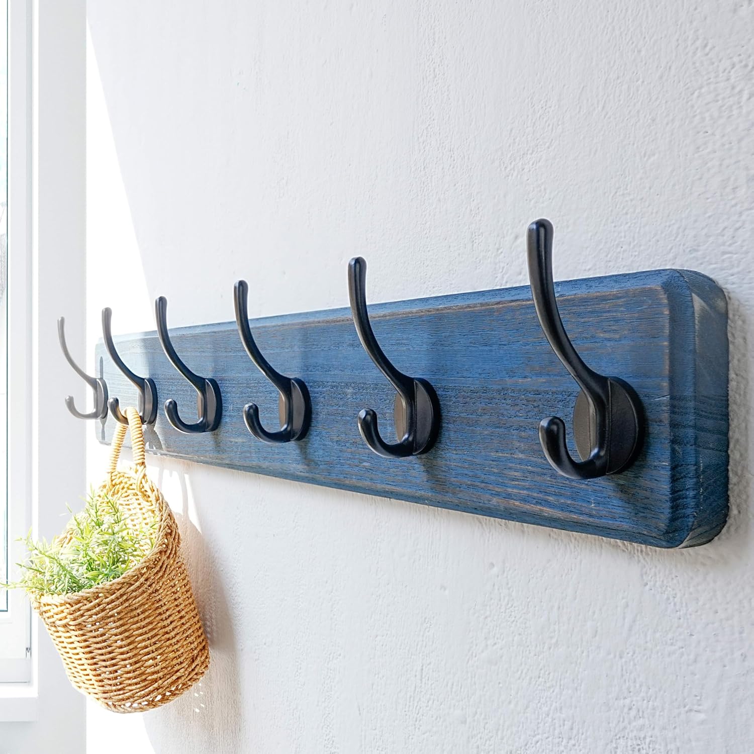 Dseap Coat Rack Wall: 24" Long, Patented, Heavy-Duty, 6-Double-Hooks Wooden Wall Mounted Coat Rack