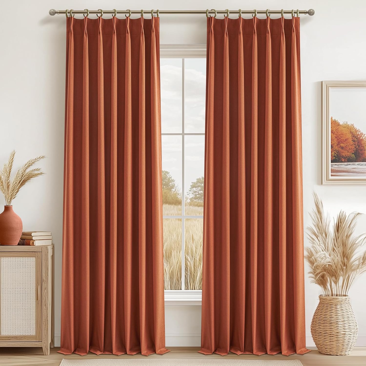 Fall Burnt Orange Curtains Pinch Pleated Blackout 108 Inches Long 2 Panels Set,Terracotta Autumn