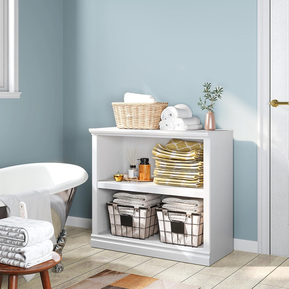 30" Bookcase, White Floor Standing Bookshelf, 2-Tier Display Shelves Open Storage Organizer, Book