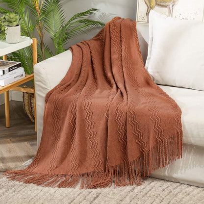 MIULEE Knitted Boho Throw Blanket for Couch Textured Knit Terracotta Rust Blanket with Tassels Cozy