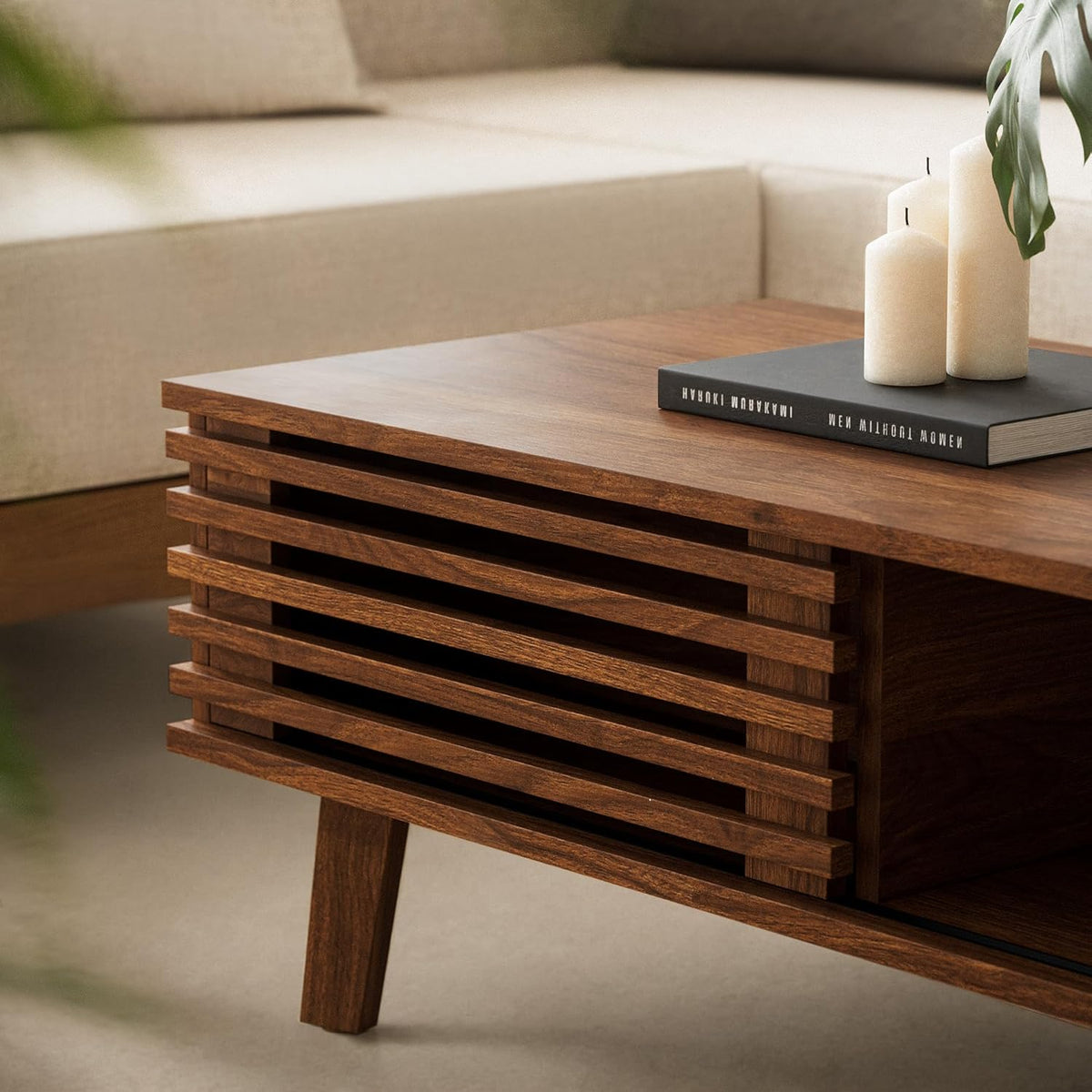 Mid Century Coffee Table with Storage & Sliding Fence Door, Modern Coffee Tables for Living Room