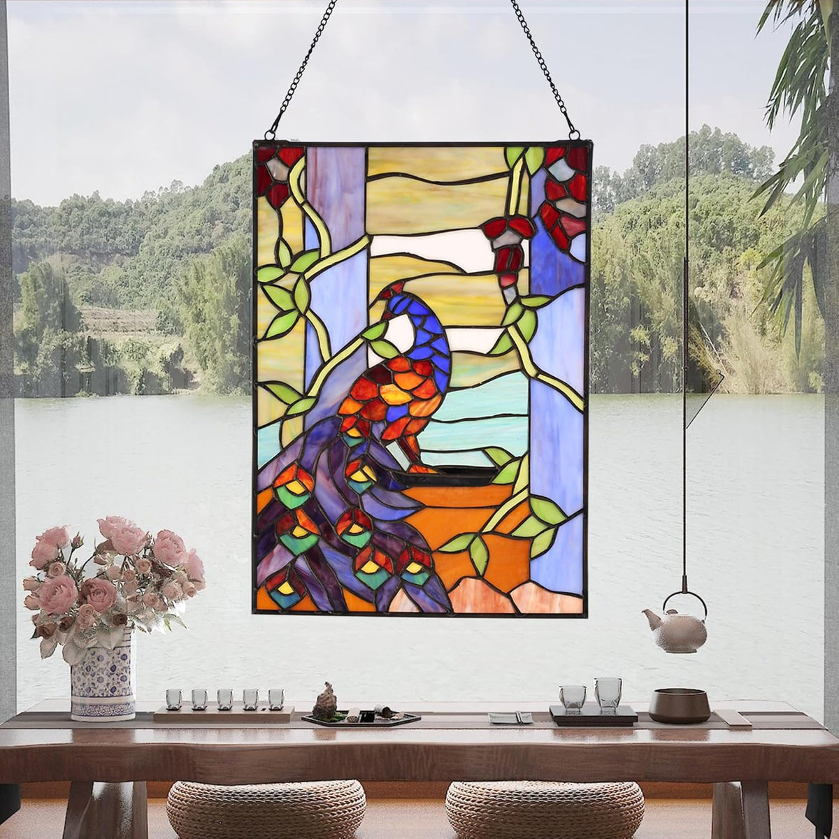 YOURANJU Stained Glass Window Hanging 16" H x 11" W Tiffany Style Rectangular Window Panel Suitable