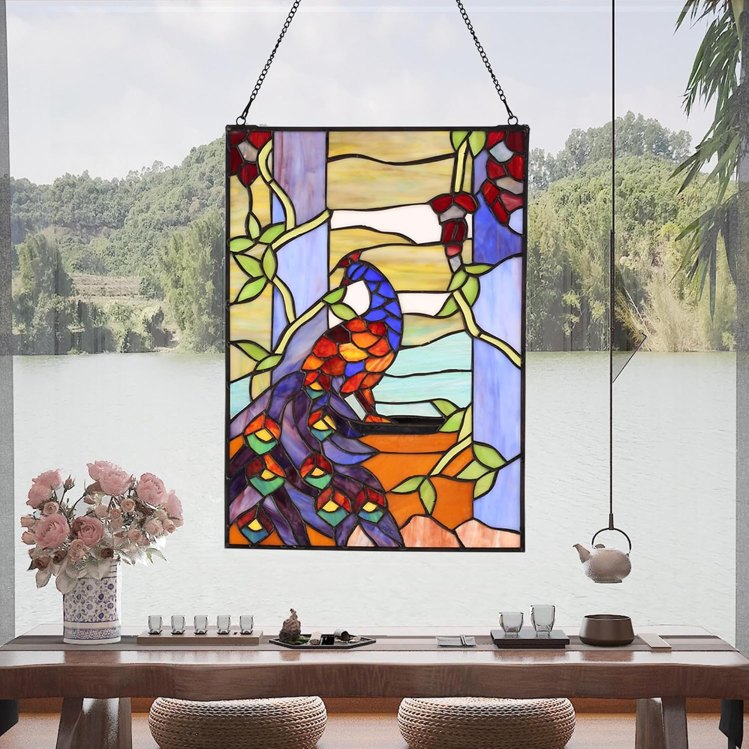 YOURANJU Stained Glass Window Hanging 16" H x 11" W Tiffany Style Rectangular Window Panel Suitable