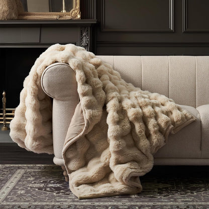 EVERGRACE Ultra Soft Luxury Fluffy Ridgeline Faux Rabbit Fur Throw Blanket, Thick Warm Bubble Throw