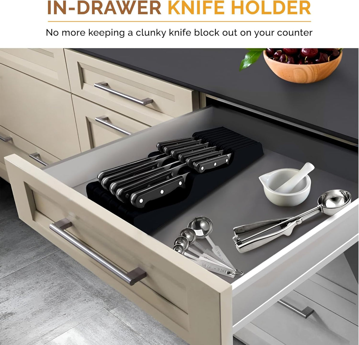 In-Drawer Knife Block - Bamboo Knife Drawer Organizer for Kitchen - Fits 5 Long + 6 Short Knives |