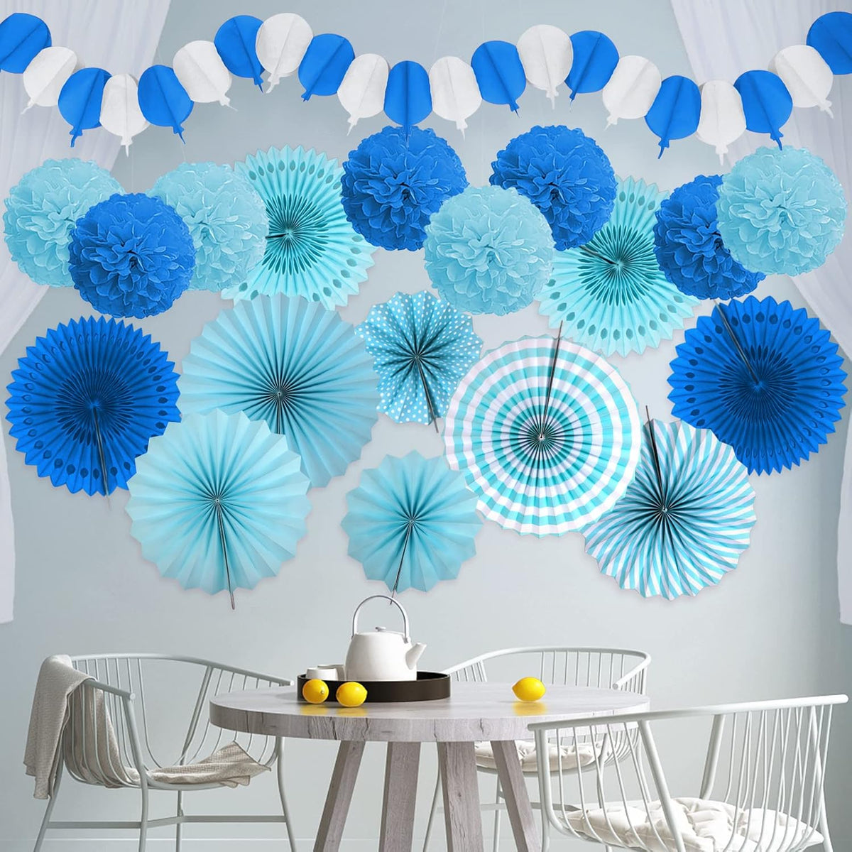 Party Decorations, Blue Papar Fans Pompoms Garlands for Men Boy Fathers Day Graduation Bachelorette