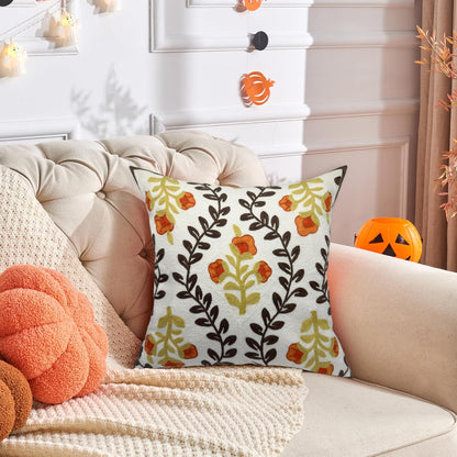 Alysheer Floral Embroidered Fall Decorative Throw Pillow Cover 18"x 18", Farmhouse Cottage Orange