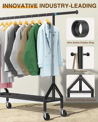 Fybee Heavy Duty Clothes Rack Load 520LBS, Adjustable Rolling Clothing Rack with Sturdy Wheel