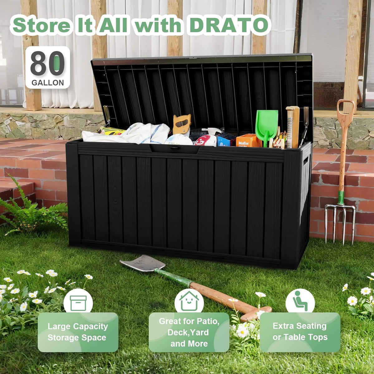 DRATO 80 Gallon Large Deck Box, Outdoor Storage Box for Patio Furniture, Patio Cushions, Gardening