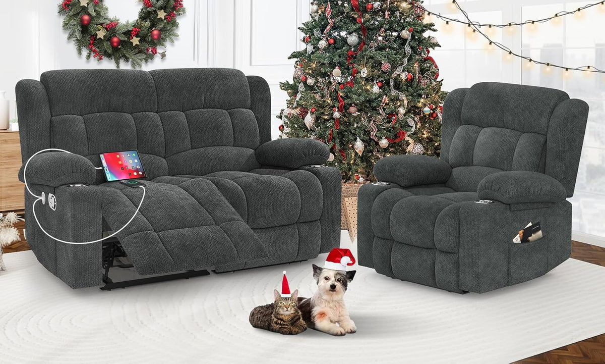 Loveseat Recliner Sofa Set with 2+1 Pieces, 2 Seater Minimalist Style Fabric Manual Pull Tab