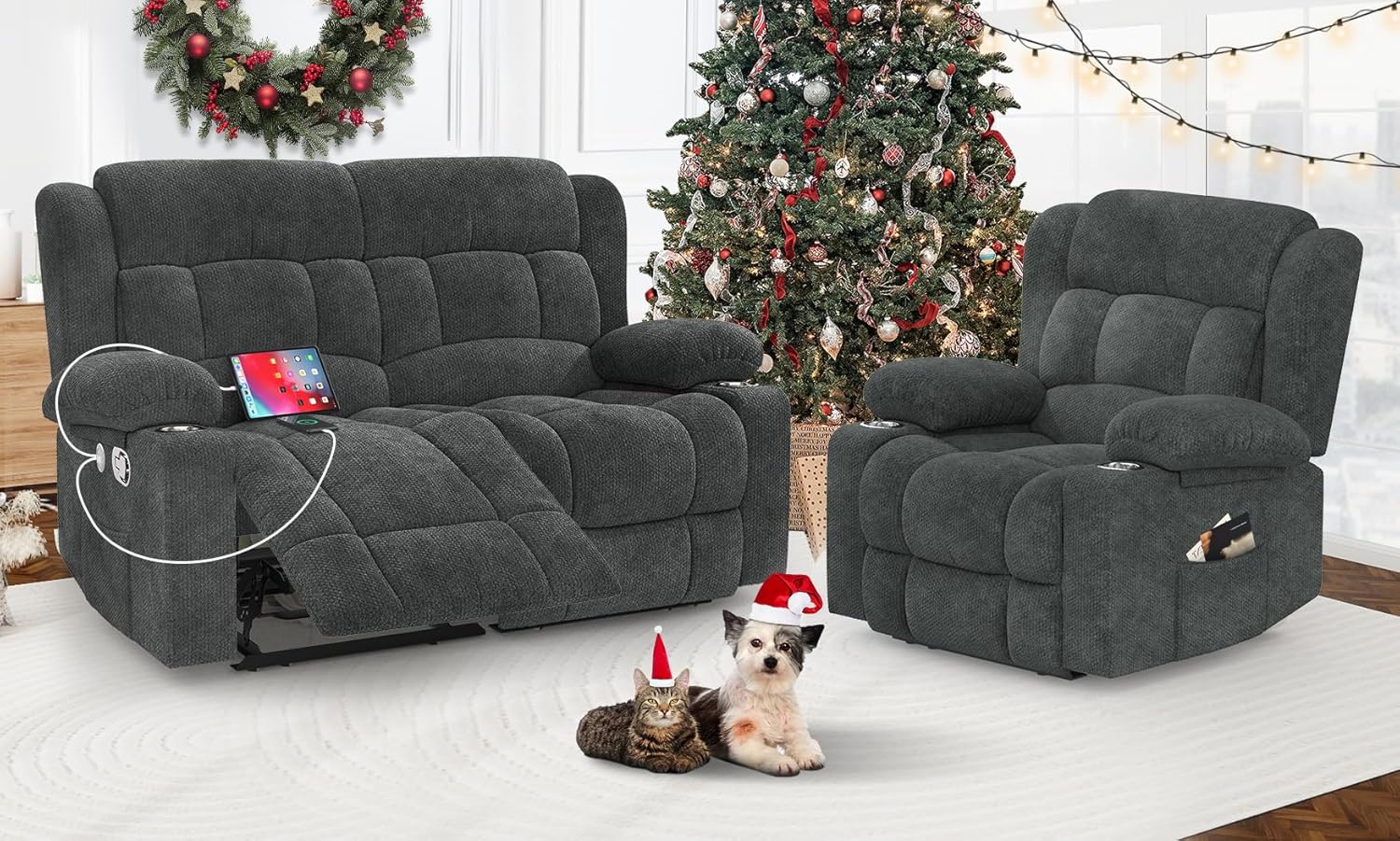 Loveseat Recliner Sofa Set with 2+1 Pieces, 2 Seater Minimalist Style Fabric Manual Pull Tab