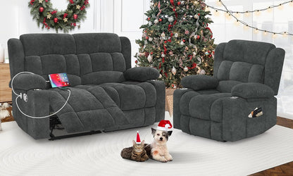Loveseat Recliner Sofa Set with 2+1 Pieces, 2 Seater Minimalist Style Fabric Manual Pull Tab