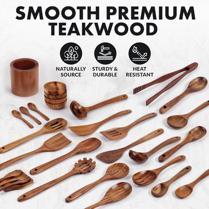 Zulay Kitchen 30-Piece Teak Wooden Utensils - Natural Teak Cooking Utensils with Premium Gift Box