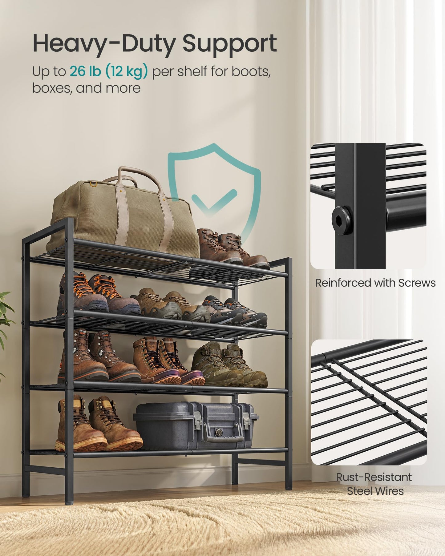 SONGMICS Metal Shoe Rack, Free Standing Shoe Organizer for Entryway Closet Garage Small Spaces