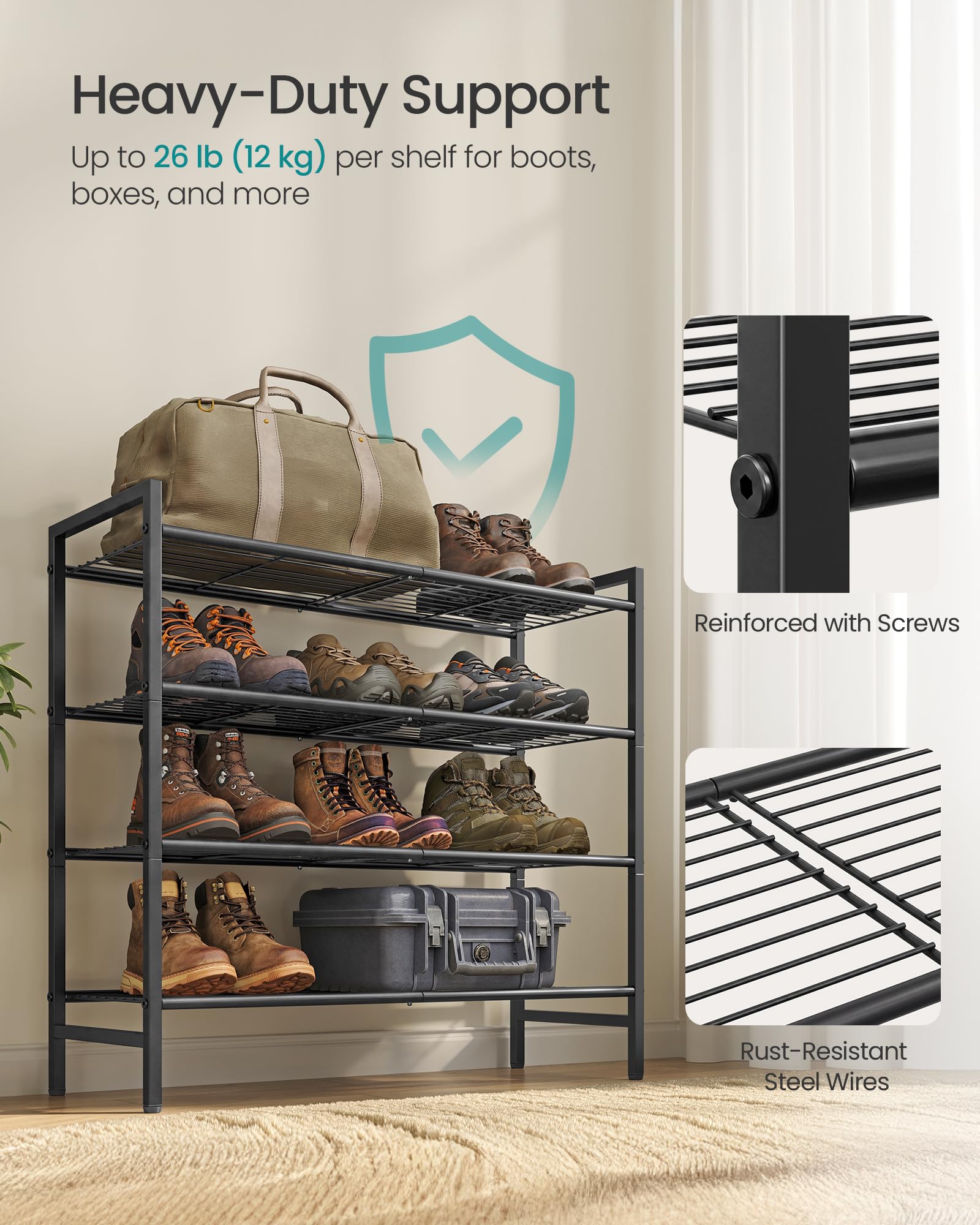 SONGMICS Metal Shoe Rack, Free Standing Shoe Organizer for Entryway Closet Garage Small Spaces