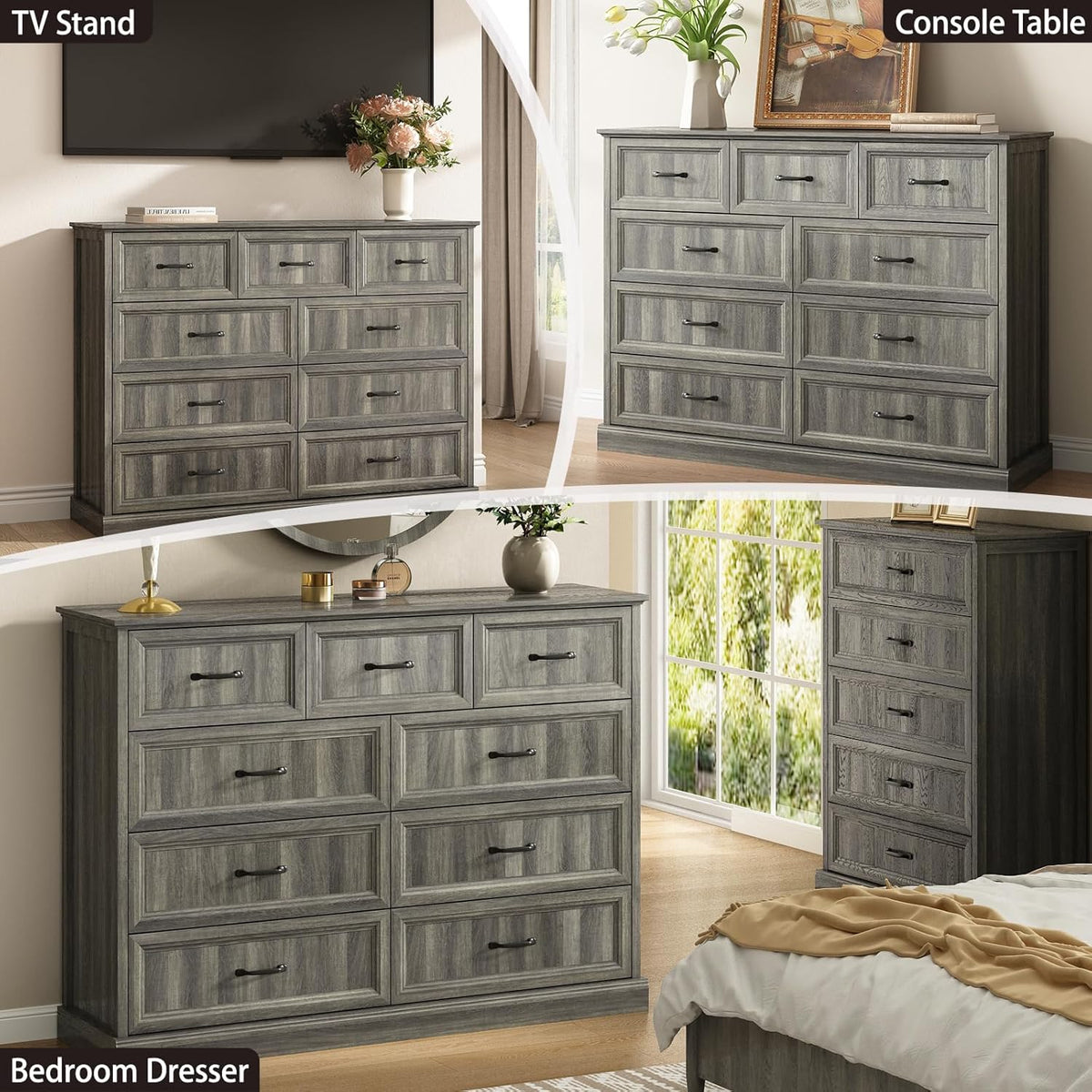 CARPETNAL Farmhouse 9 Drawer Dresser for Bedroom, 55 Inch Wide Modern Grey Dresser TV Stand with
