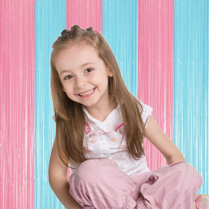 3 Pack 3.3 x 8.2 ft Pastel Blue and Pink Foil Fringe Backdrop Curtains, Tinsel Streamers Party