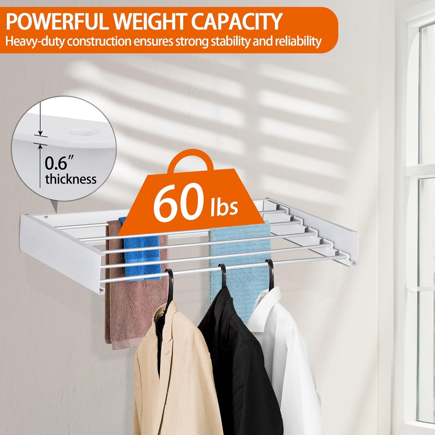 FOCHIER F Laundry Drying Rack Wall Mounted Clothes Drying Rack Collapsible with 5 Aluminum Rods and