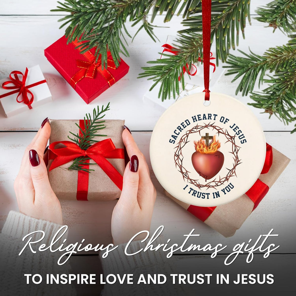 FLAGWIX Christian Gifts for Women Men - Sacred Heart Ceramic Christmas Ornaments 2025 for Tree
