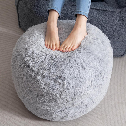HIGOGOGO Round Stuffed Pouf Ottoman, Long Faux Fur Poufs with Foam Chunk Filling, Fluffy and Furry