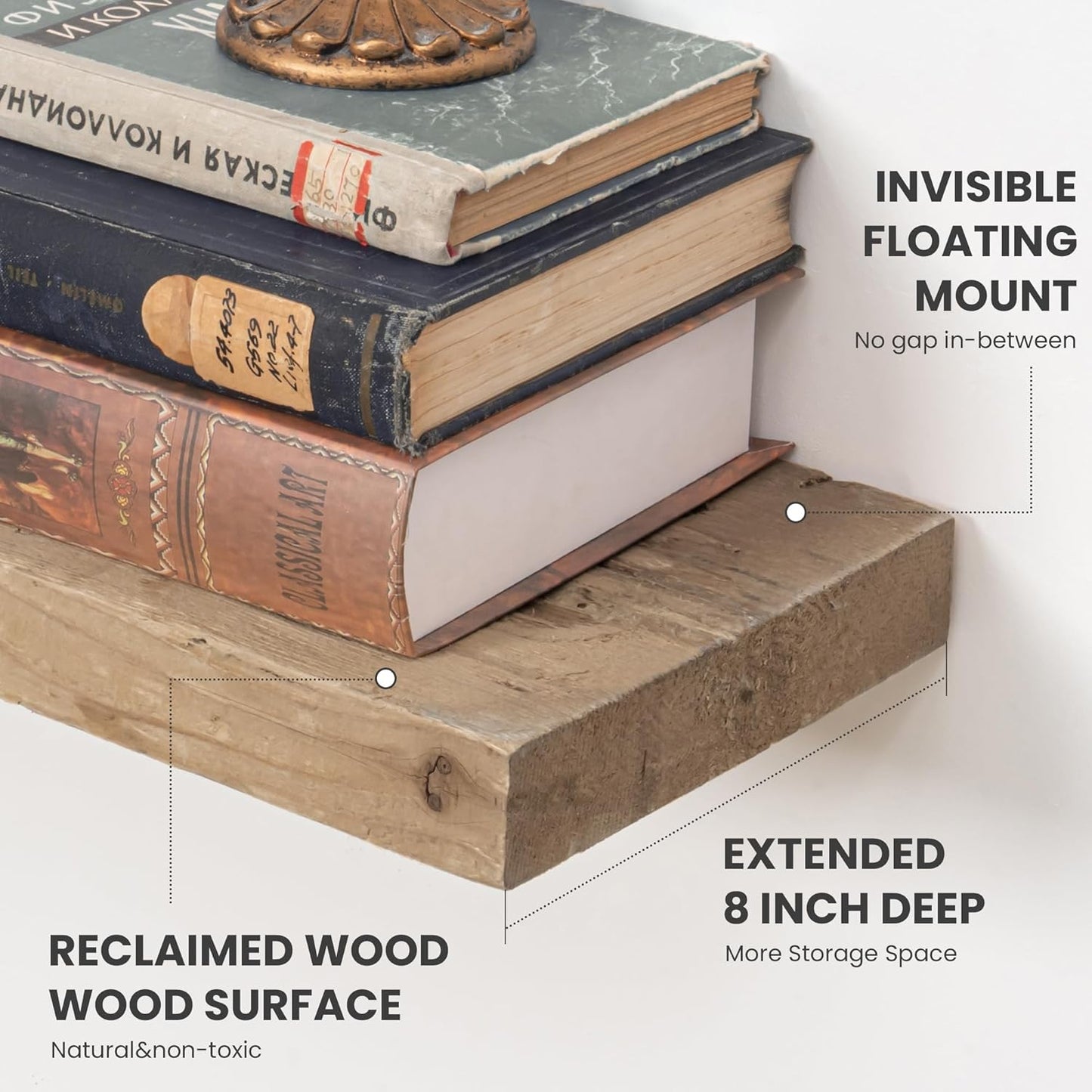 Floating Shelves Reclaimed Barnwood, 8" Deep Solid Wood Floating Shelf Wall Hanging Shelves with